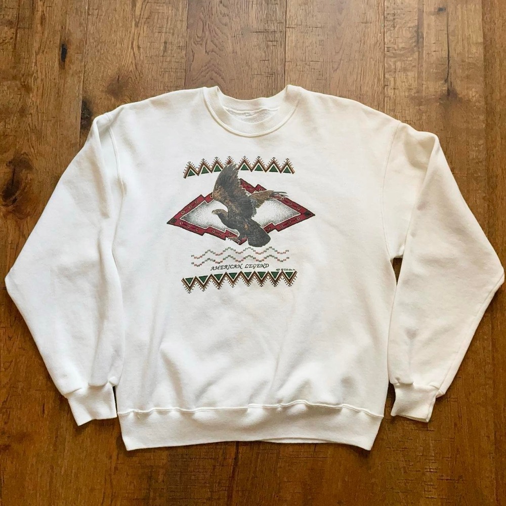 Vintage Sweatshirt Womens M White Americana Eagle Graphic 90s Aztec Crewneck